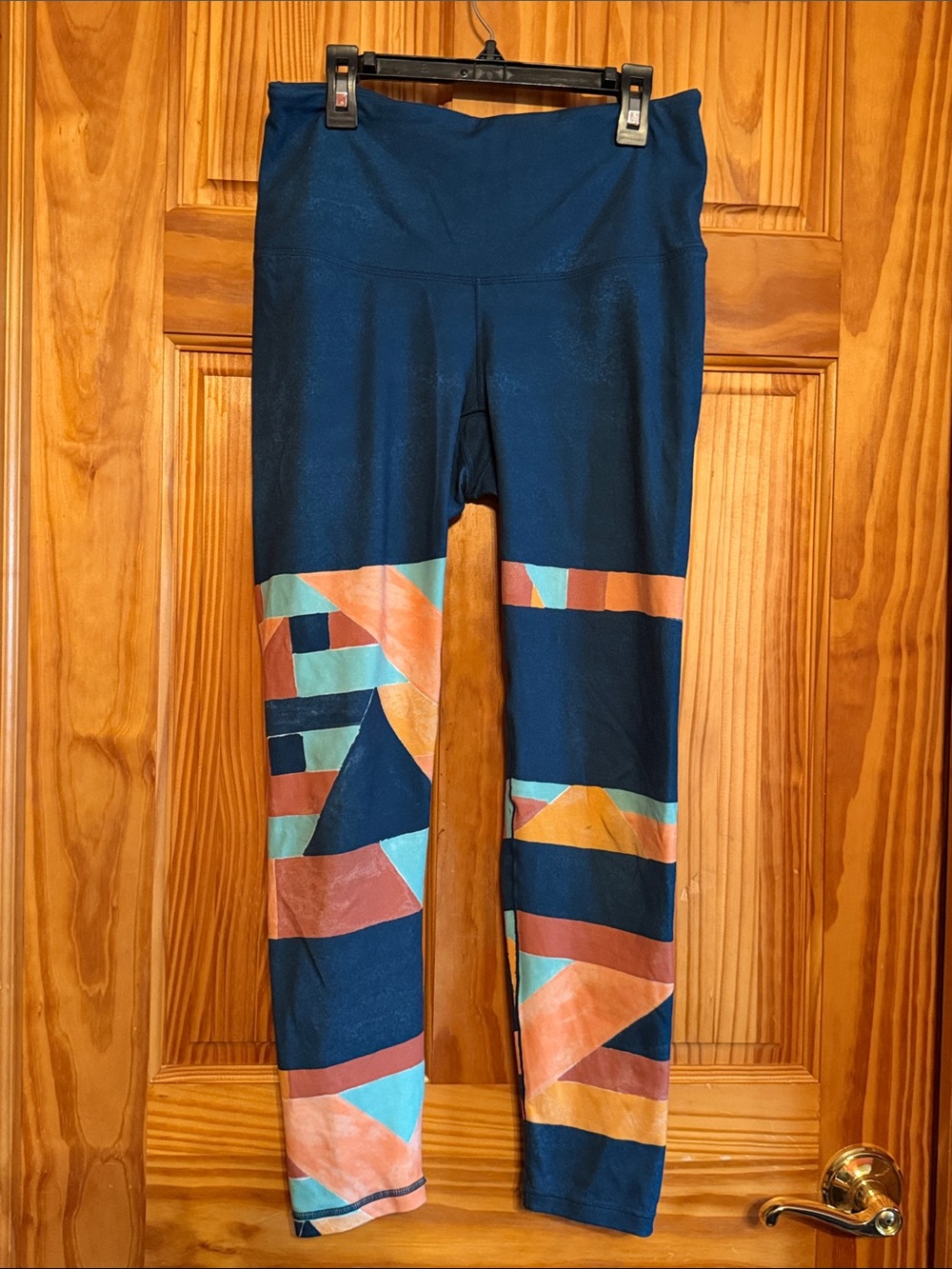 Prana Navy Leggings with Teal, Orange & Coral Geometric Panels